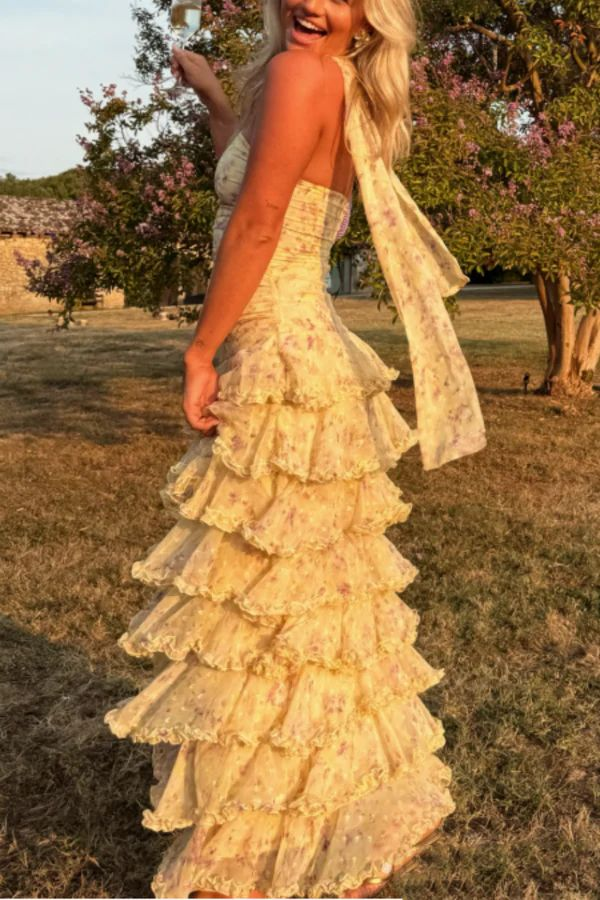 Classy Strapless Yellow Chiffon Floral Long Prom Dresses Layered Ruffles Evening Dresses D4517