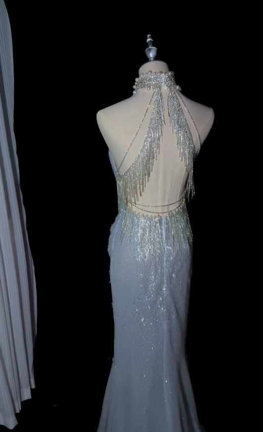Glamorous Silver Sequin Tassel Mermaid Long Evening Dress Halter Backless Party Dress D5167
