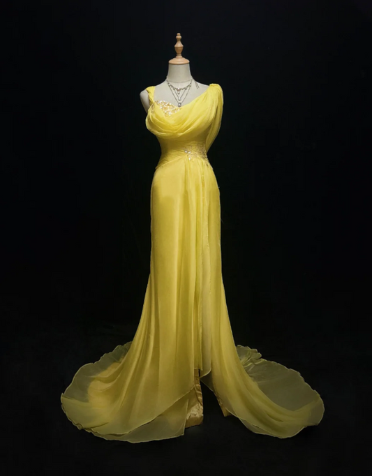 Glamorous Yellow Chiffon Sequin Mermaid Long Party Dress Prom Gown Formal Wedding Guest Dress D1995