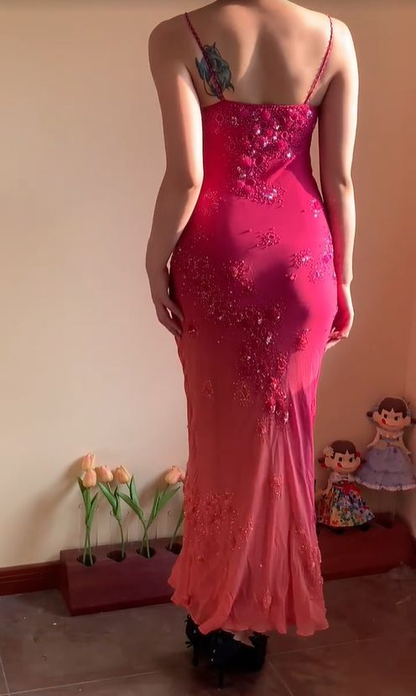 Gorgeous Ombre Rose Pink Halter V-neck Beaded Chiffon Mermaid Long Prom Dress Evening Dress D5406