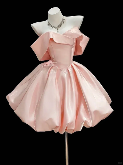 Gorgeous Pink Off The Shoulder Satin A Line Mini 6th Grade Homecoming Dress,Formal Short 17th Birthday Outfits D2807