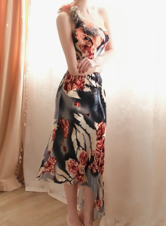 Unique One Shoulder Chiffon Print Floral Mermaid Evening Dress Long Prom Gowns D2727