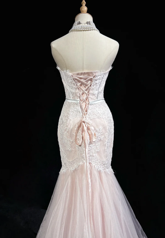 Pretty Strapless Light Pink Tulle Lace Appliques Mermaid Long Evening Dress Formal Wedding Guest Dress D2075