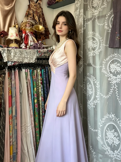 Retro V Neck Lilac Satin Mermaid Long Party Dress Prom Gown D1210