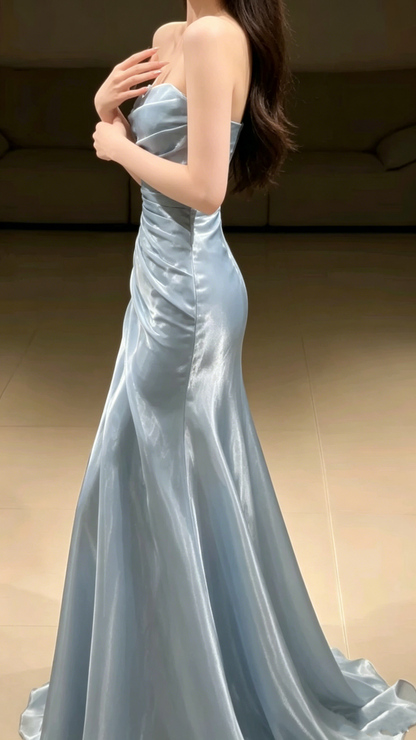 Pretty Strapless Tulle Pleated Mermaid Evening Dress Party Dress Sky Blue Long Wedding Guest Dress D1893