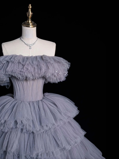 Modest Ball Gown Off The Shoulder Grey Blue Tulle Layered Birthday Quinceanera Dress Sweet 16 Dress D4529
