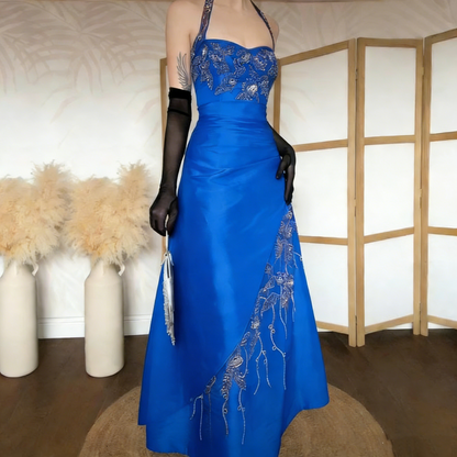 Vintage Halter Brown Satin Beaded Mermaid Evening Dress Long Party Dress Prom Gown With Gloves D1906