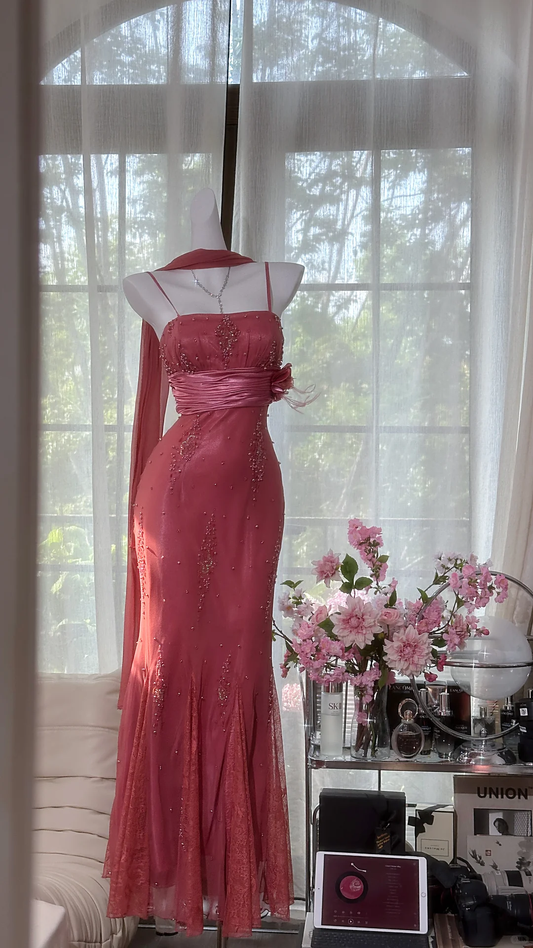 Pretty Spaghetti Straps Chiffon Lace Beaded Mermaid Evening Dress Dark Rose Pink Long Party Dress With ScarfD 2530