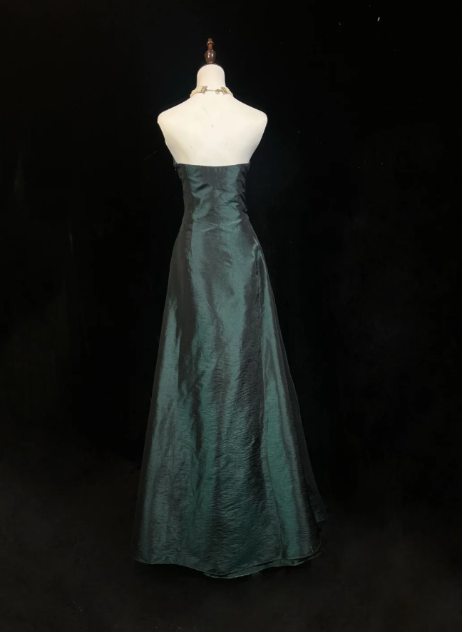 Unique Sweetheart Neck Green Satin Beaded Appliques A Line Wedding Guest Dress Long Birthday Party Dress Evening Gown D2062
