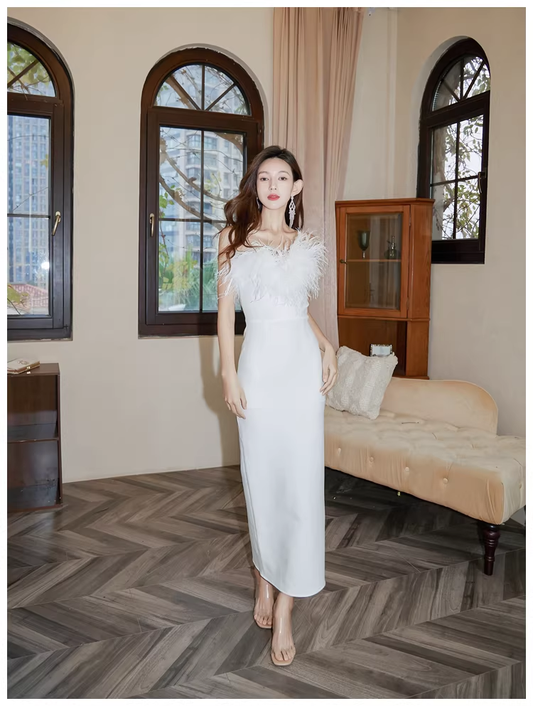 Chic Feathers Strapless White Satin Sheath Long Prom Dress Evening Dresses D2454