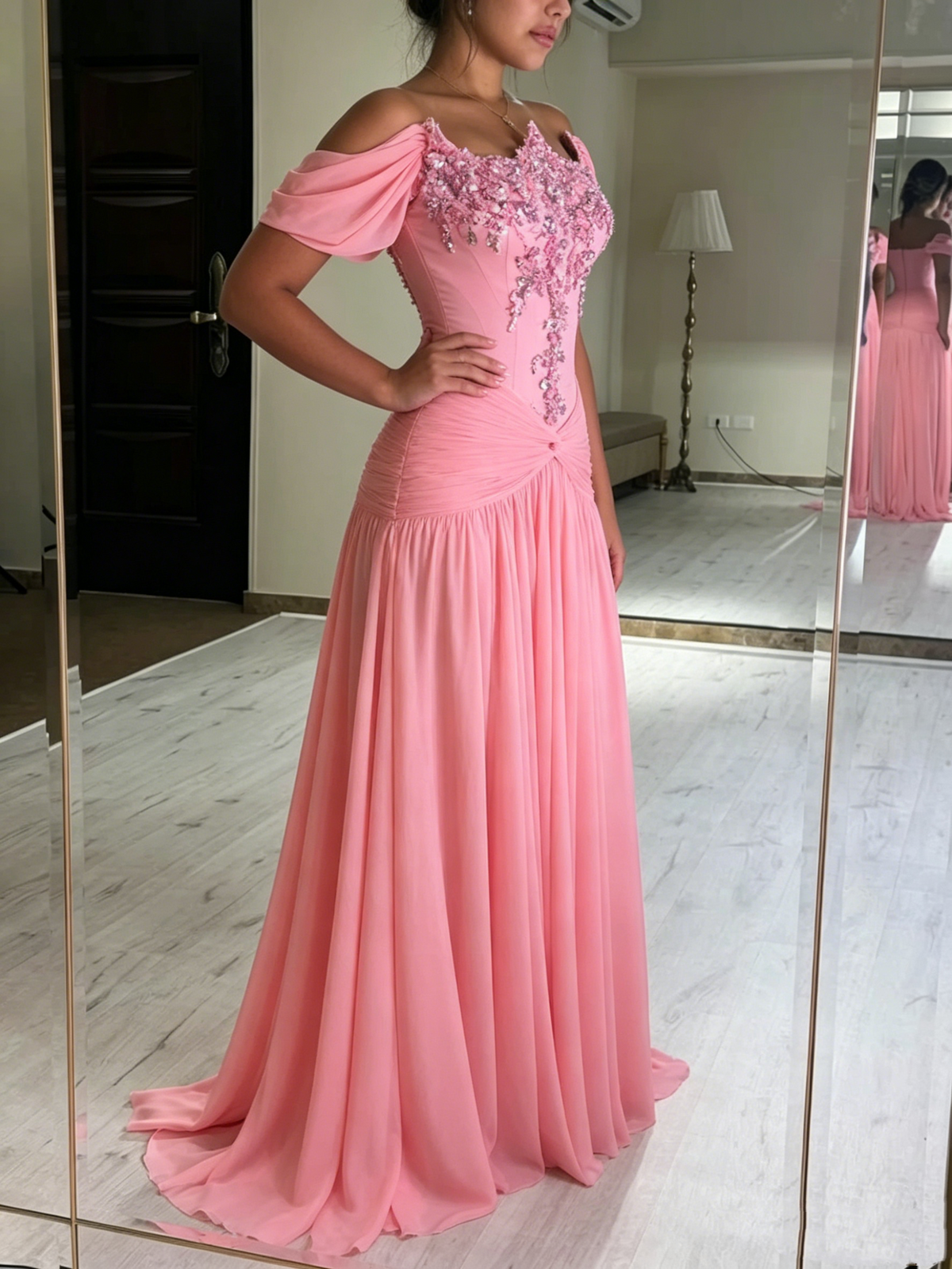 Cute Off The Shoulder Pink Chiffon Beaded Mermaid Long Party Dress Evening Gown D1304