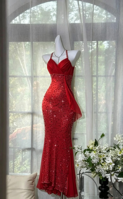 Shiny White Halter V Neck Sequin Beaded Mermaid Prom Gown Backless Long Party Dress D925