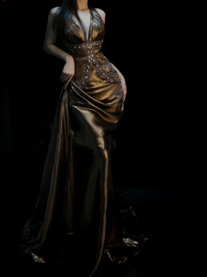 Vintage Brown Mermaid Halter Satin With Beaded Gem Long Prom Dresses Party Dress D4429