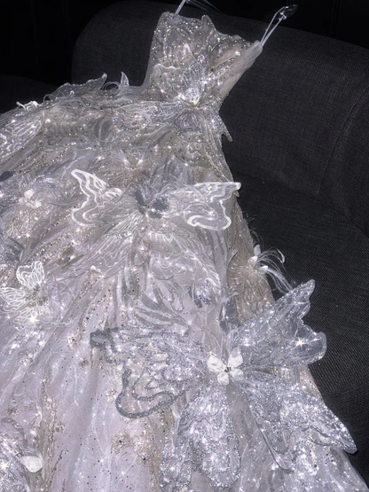 Glitter Strapless Tulle Sequin Beaded 3D Butterfly Long Wedding Dress Bridal Dress D3082