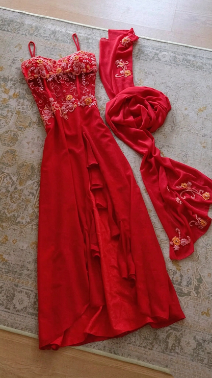 Charming Spaghetti Straps Red Satin Chiffon Beaded Long Prom Dress Party Dress With Scarf D4992