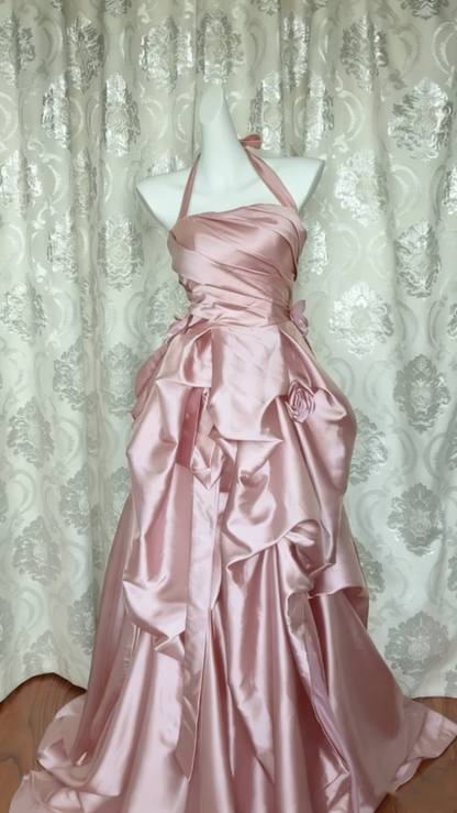Retro Halter Navy Blue Satin Pleated Ball Gown Long Party Dress D1042