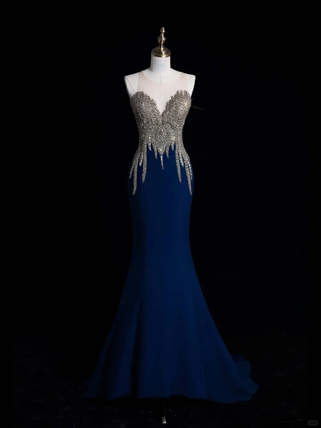Elegant Blue Satin Beaded Mermaid Long Evening Dress Birthday Prom Dresses D4523