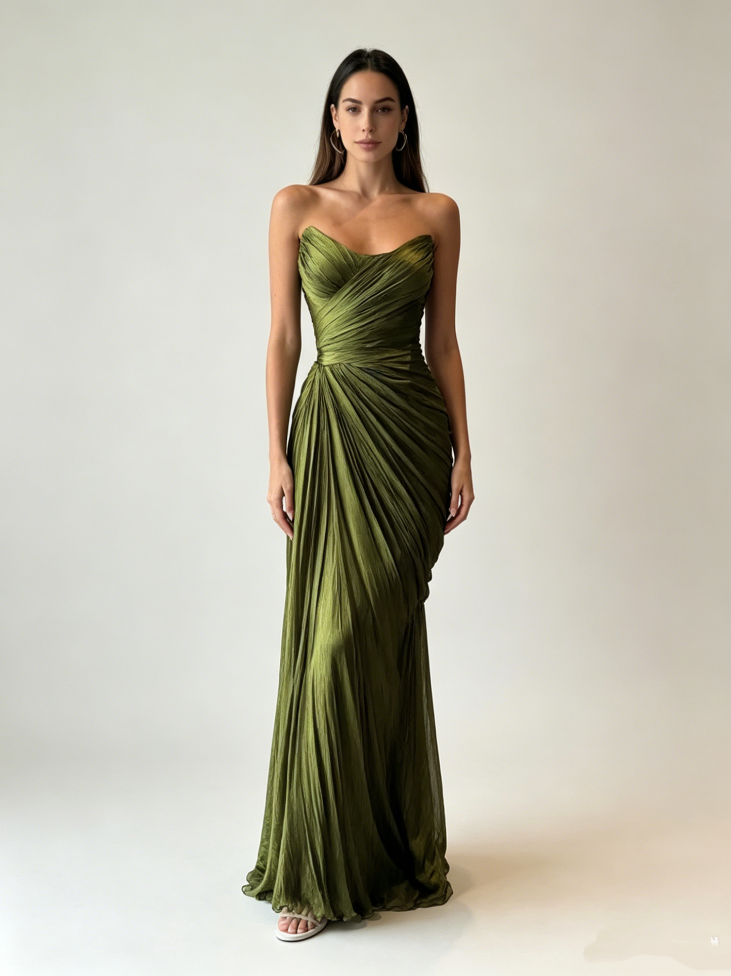 Vintage Green Strapless Tulle Pleated Mermaid Long Evening Dress Formal Guest Dress D827