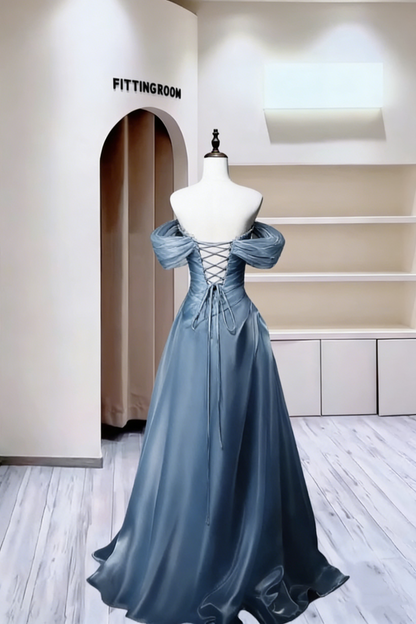 Charming Off The Shoulder Ball Gown Blue Satin Pleated Beaded Long Party Dress Evening Gown D2390