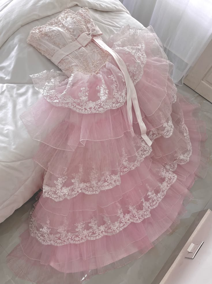 Pretty Strapless Tulle Lace Layered Long Prom Dress,Pink Long Party Dress D4005