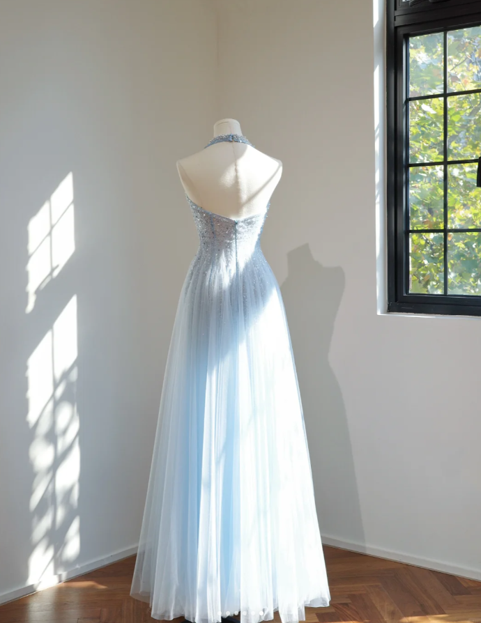 Fairy Halter V Neck Sky Blue Tulle Sequin Beaded A Line Long Prom Dress Party Gown D2146