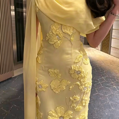 Pretty Yellow Chiffon Satin Sheath Floral Beaded Long Party Dress Evening Gown D4937