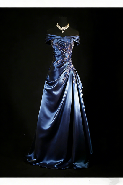 Vintage Off The Shoulder Ball Gown Navy Blue Satin Beaded Long Prom Dresses Party Dress D2461