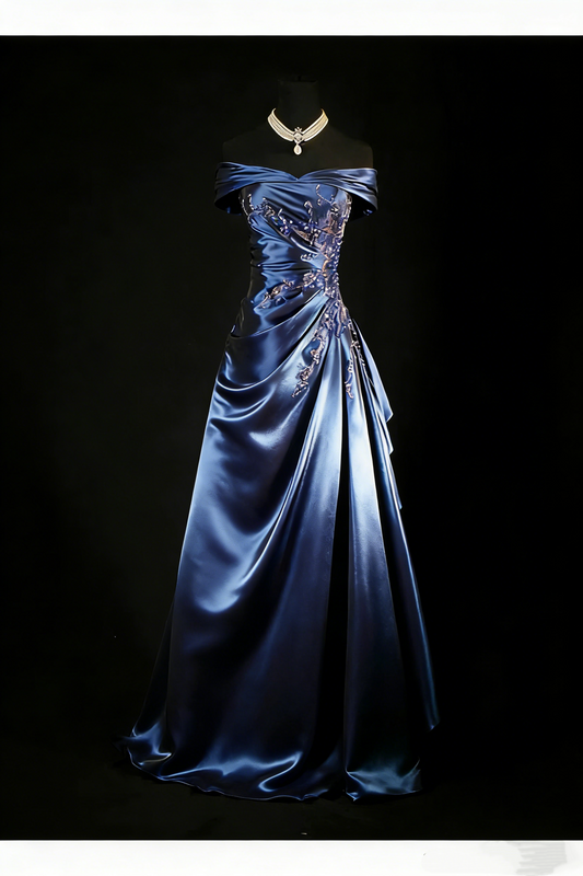 Vintage Off The Shoulder Ball Gown Navy Blue Satin Beaded Long Prom Dresses Party Dress D2461
