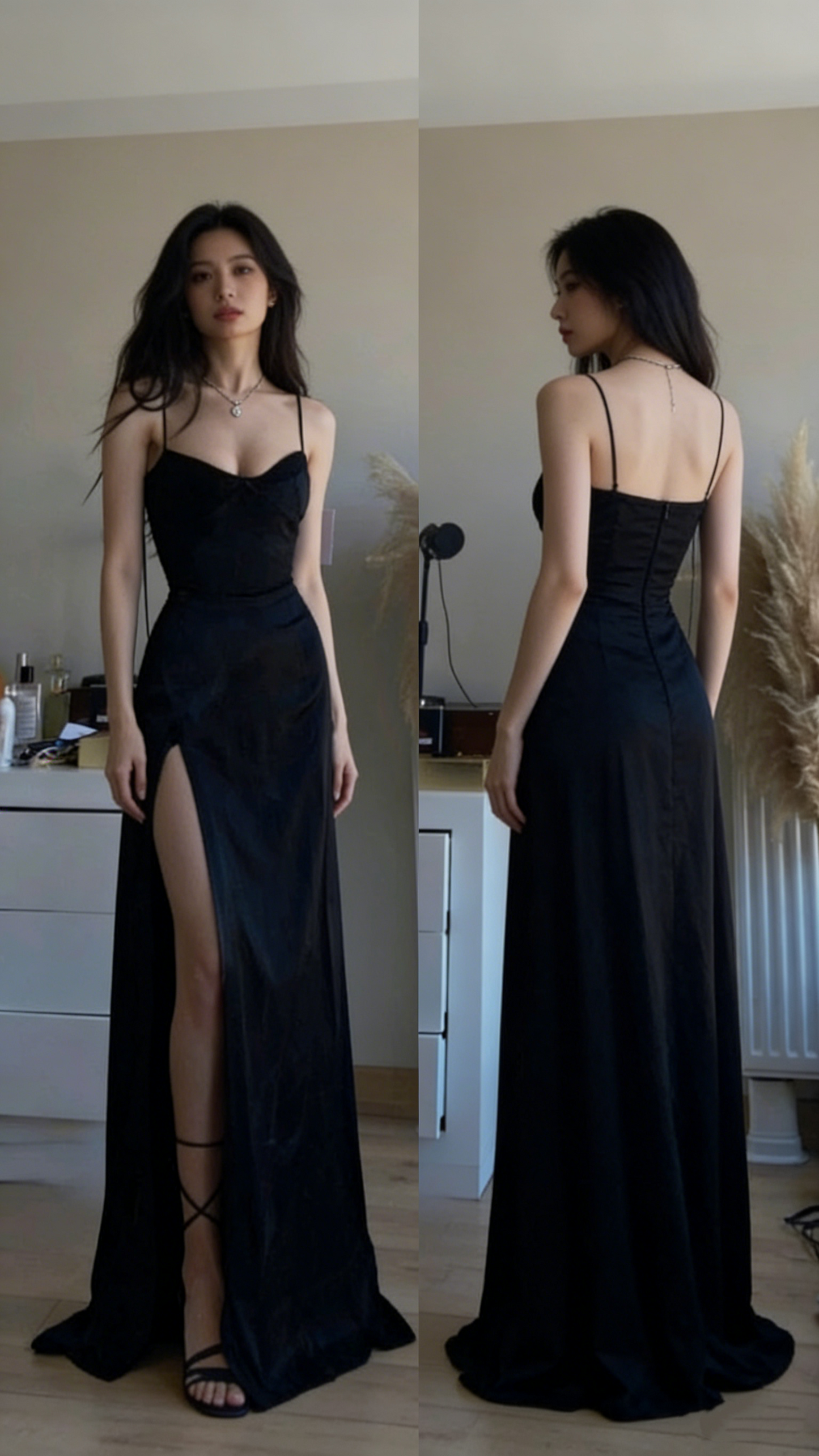 Sexy A Line Spaghetti Straps Black Satin Slit Party Dress Long Prom Dresses SD1516