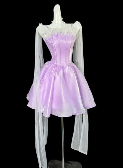 Classy Spaghetti Straps Purple Satin Tulle A Line Short 6th Homecoming Dress Birthday Dress D4159