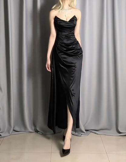 Sexy V Neck Black Strapless Satin Pleated Slit Mermaid Long Evening Dresses Prom Dress D2493
