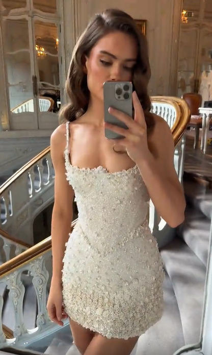 Shiny White Spaghetti Strap Mini Homecoming Dress, 3D Floral Rhinestone Sequin Sparkly Short Evening Dress D3162