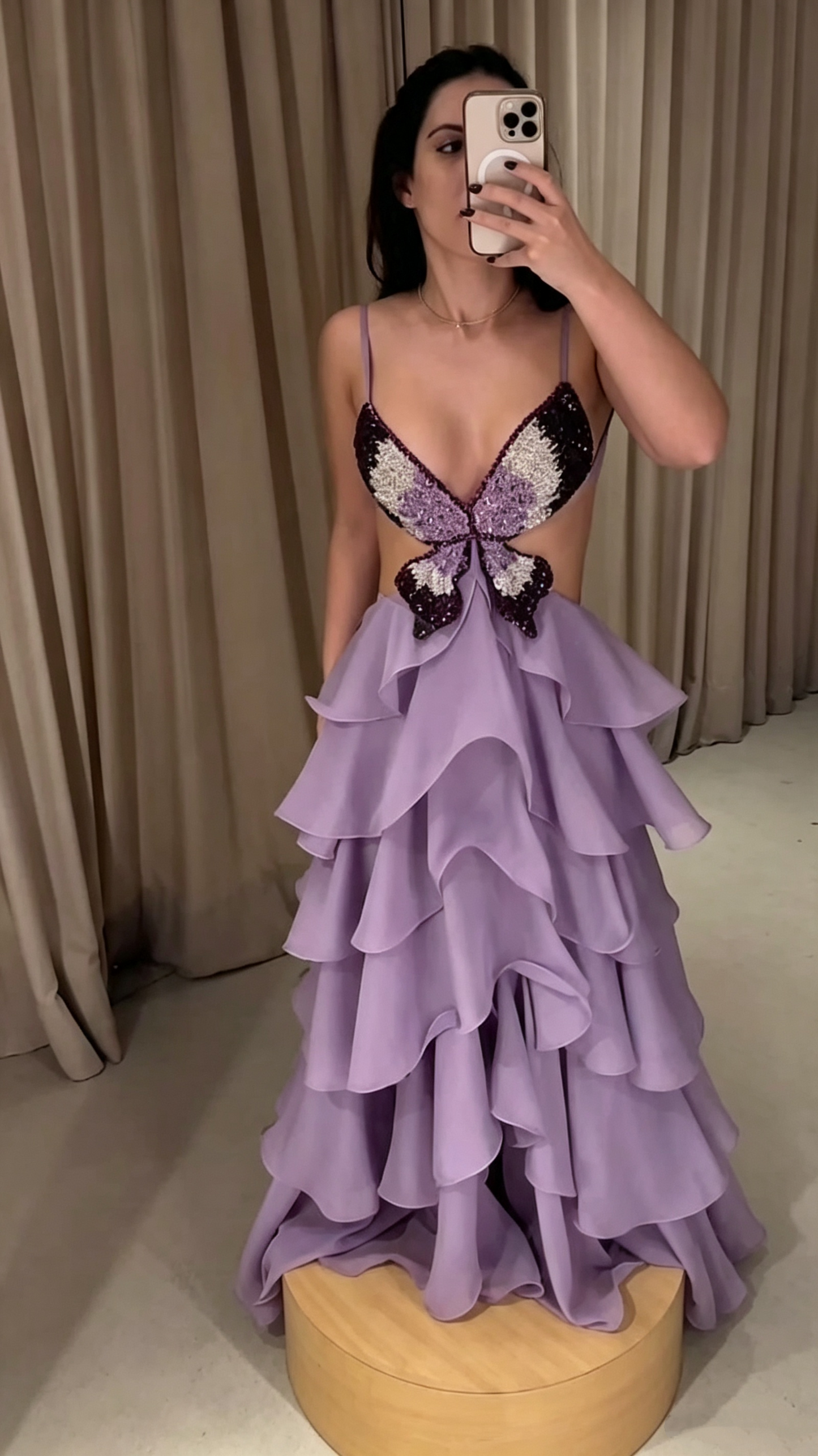 Unique Spaghetti Straps Purple Satin Layered Beaded Long Party Dress Evening Dress D3793