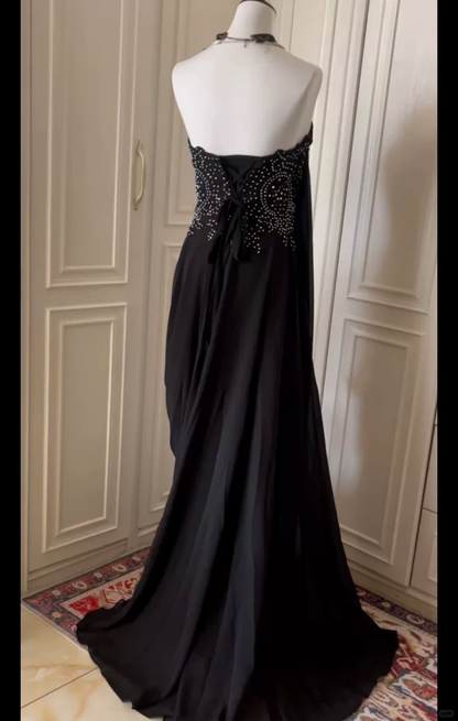 Stylish Black Strapless Chiffon Beaded Long Wedding Guest Dress,Formal Prom Dress Party Dress D3101