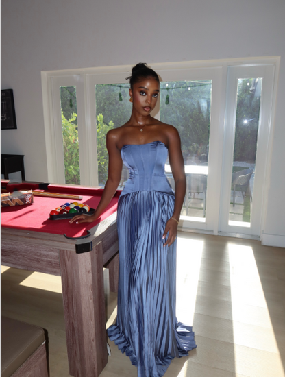 Stylish Strapless Blue Satin Pleated A Line Long Party Dress Birthday Prom Dress Gown D4973