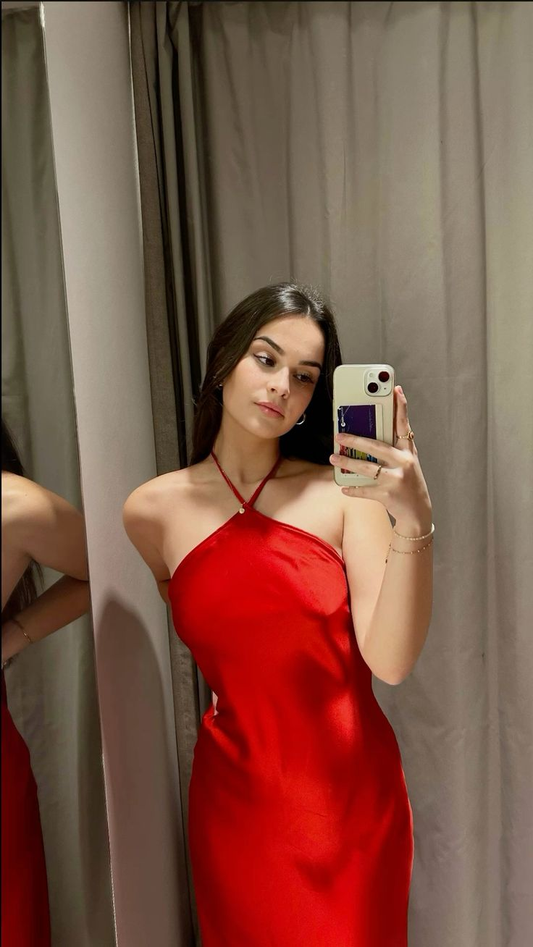 Sexy Halter Red Satin Mermaid Long Party Dress Prom Gown D3418