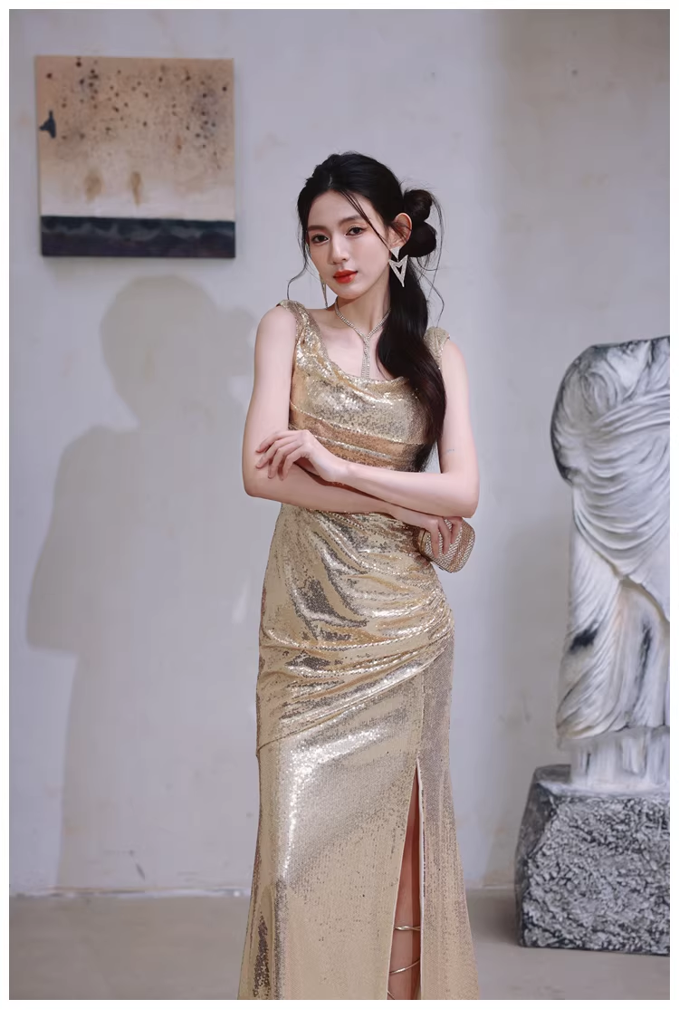 Fashion Gold Sleeveless Sequin Slit Mermaid Long Evening Dress Formal Wedding Guest Dress D2437