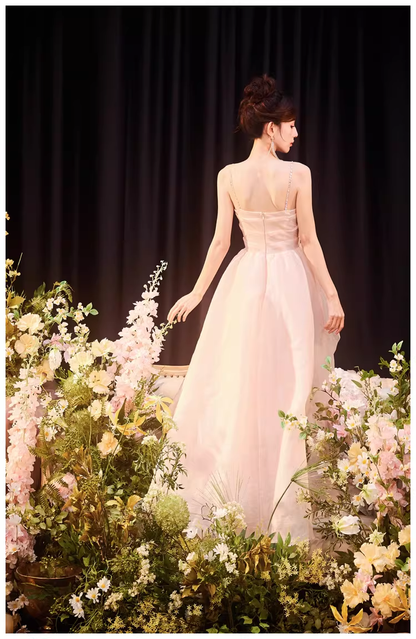 Sweet Pink Spaghetti Straps Tulle Beaded A Line Long Evening Dress Formal 20th Birthday Outfits D2457