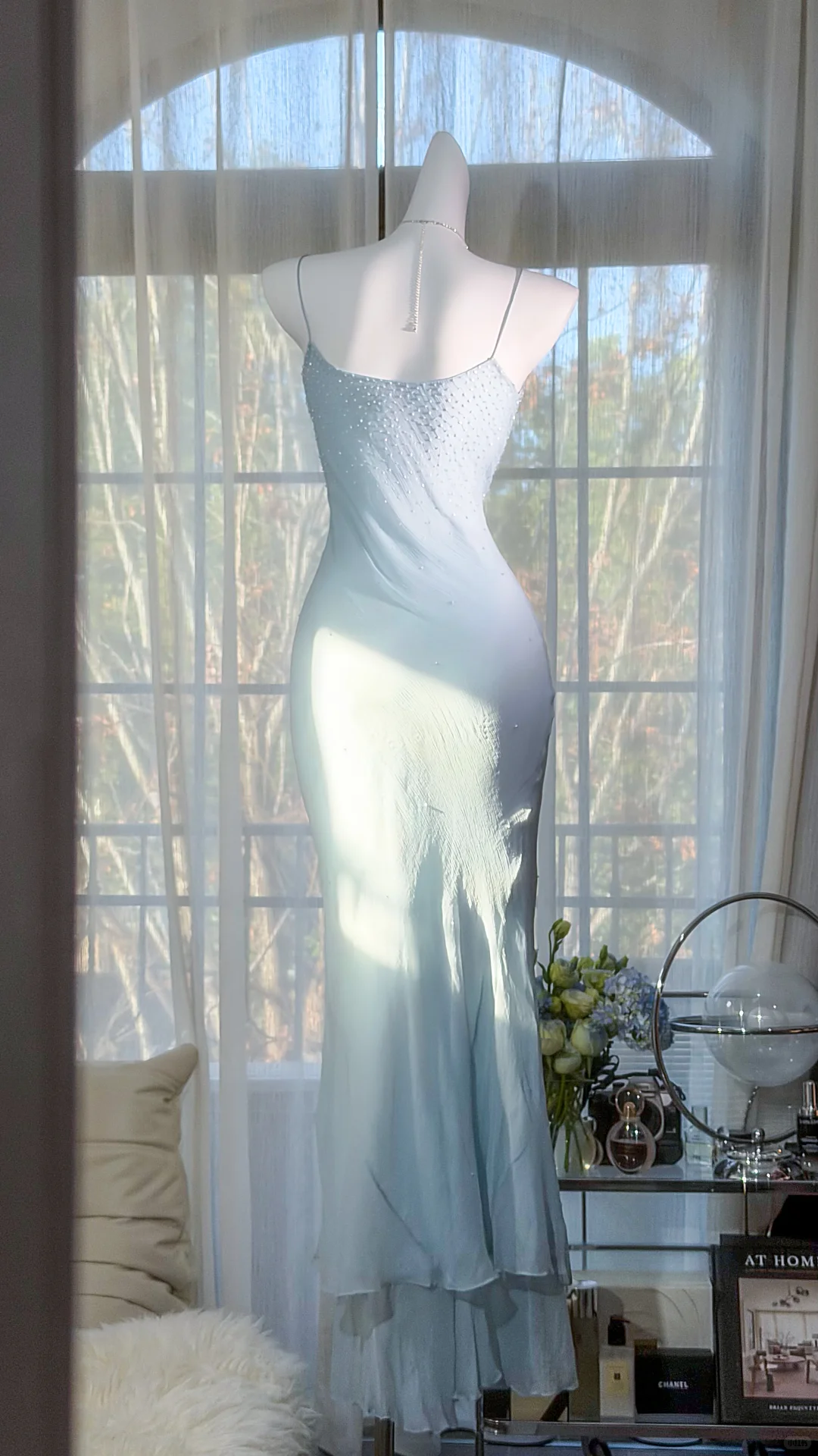 Glamorous Spaghetti Straps Sky Blue Chiffon Beaded Mermaid Long Birthday Prom Dress Party Gown D2529