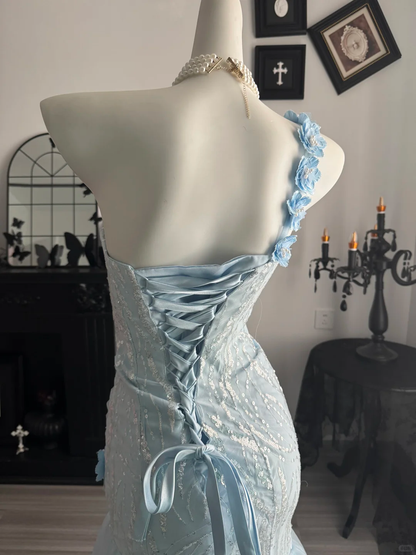 Classy Blue One Shoulder Sequin Tulle Layered Mermaid Long Prom Dress Evening Dress With Florals D3713