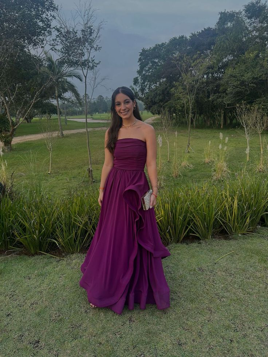 Vintage Strapless Purple Satin A Line Long Party Dress,Formal Wedding Guest Dress D3515