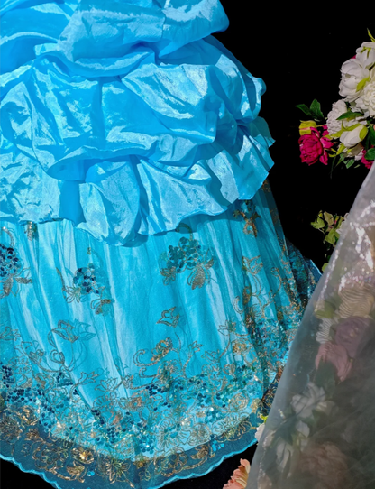 Gorgeous Strapless Quinceanera Dress Blue Satin Tulle Sequin Floral Ball Gown Sweet 16 Dress D2360