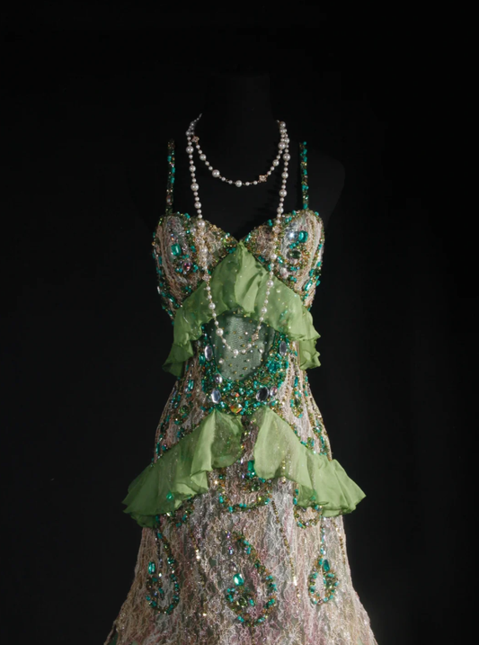 Gorgeous Spaghetti Straps Green Tulle Lace Beaded Mermaid Long Evening Dress Birthday Party Gown D2007
