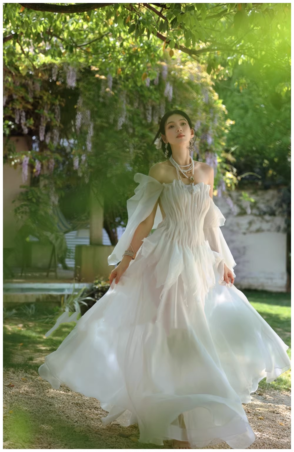 Fairy Off The Shoulder White Chiffon Pleated Pearls Long Party Dress Birthday Evening Gown D2411