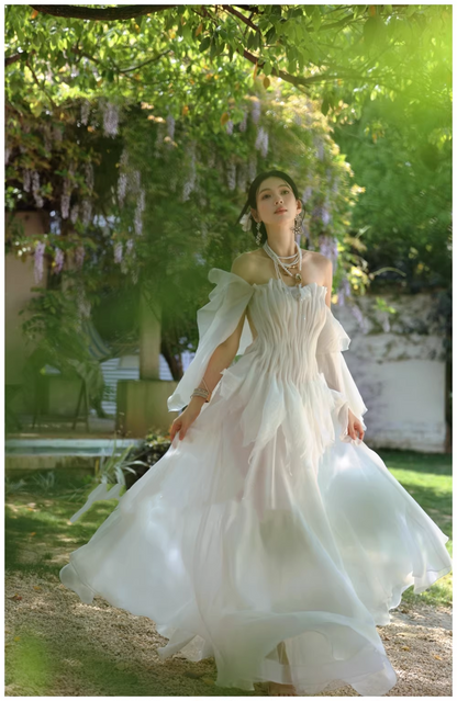 Fairy Off The Shoulder White Chiffon Pleated Pearls Long Party Dress Birthday Evening Gown D2411