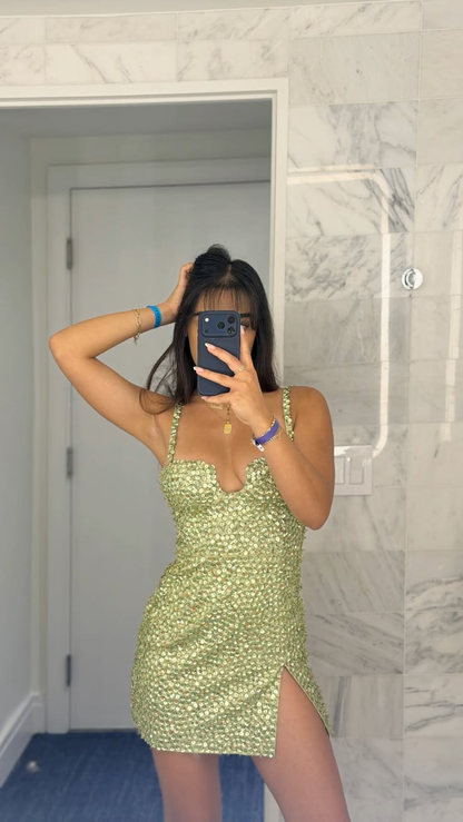 Sparkly Spaghetti Strap Sequin Sheath Short Graduation Homecoming Dress Lime Green Short Birthday Outfits D4660