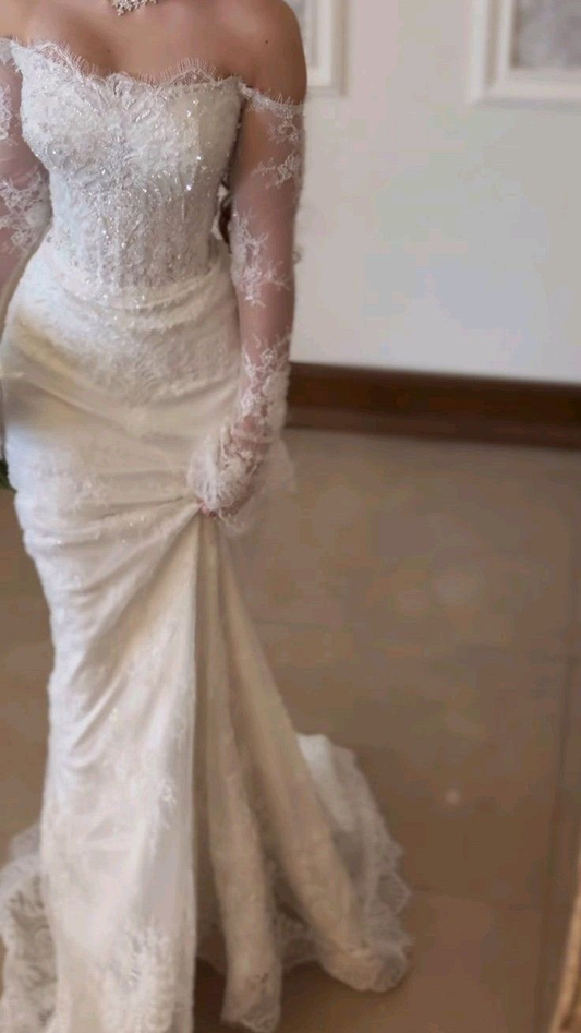 Pretty Off The Shoulder White Tulle Lace Beaded Mermaid Long Wedding Dress D1874