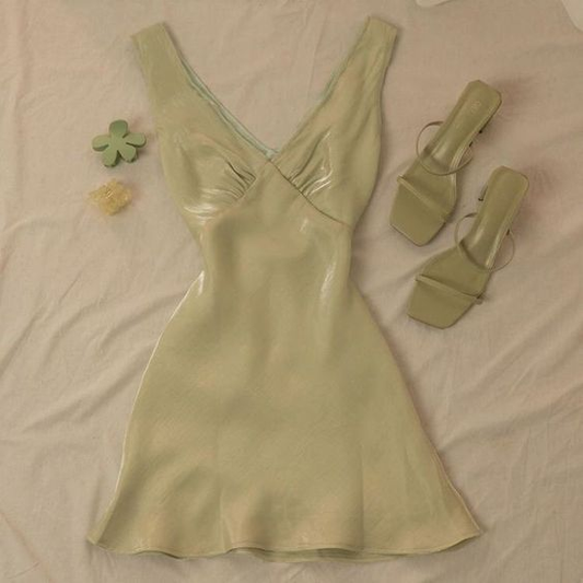 Charming V Neck Olive Green Satin Short Party Dress Formal 6th Grade Homecoming Dress D774