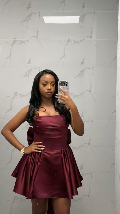 Retro Strapless Satin Mini Birthday Dress Burgundy Short Homecoming Dress With Bow D4766