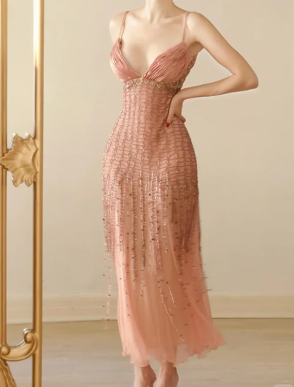 Glamorous Pink Spaghetti Straps V Neck Chiffon Beaded Tassel Mermaid Long Party Dress Evening Gown D2766